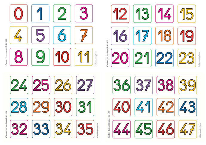Cartes - Les nombres de 1 à 100 + Bonus jeu : Cartes d’associations – Dénombrement de 1 à 6 ; cubes d’unités.