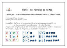 Charger l&#39;image dans la galerie, Fichier téléchargeable : Cartes - Les nombres de 1 à 100 + Bonus jeu : Cartes d’associations – Dénombrement de 1 à 6 ; cubes d’unités.