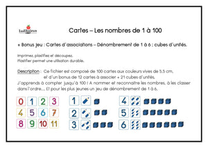 Fichier téléchargeable : Cartes - Les nombres de 1 à 100 + Bonus jeu : Cartes d’associations – Dénombrement de 1 à 6 ; cubes d’unités.