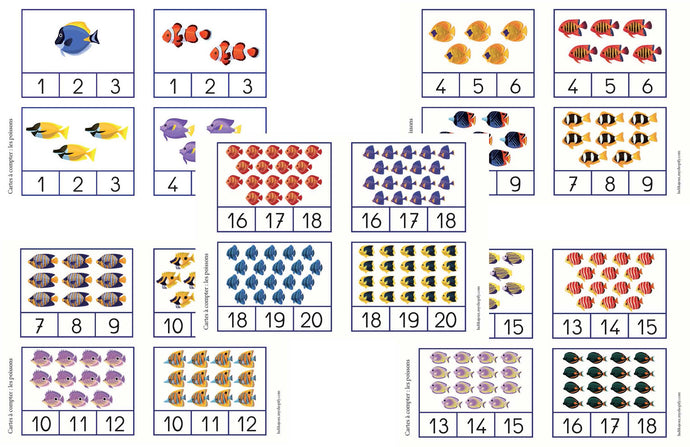 Cartes à compter de 1 à 20 ; les poissons